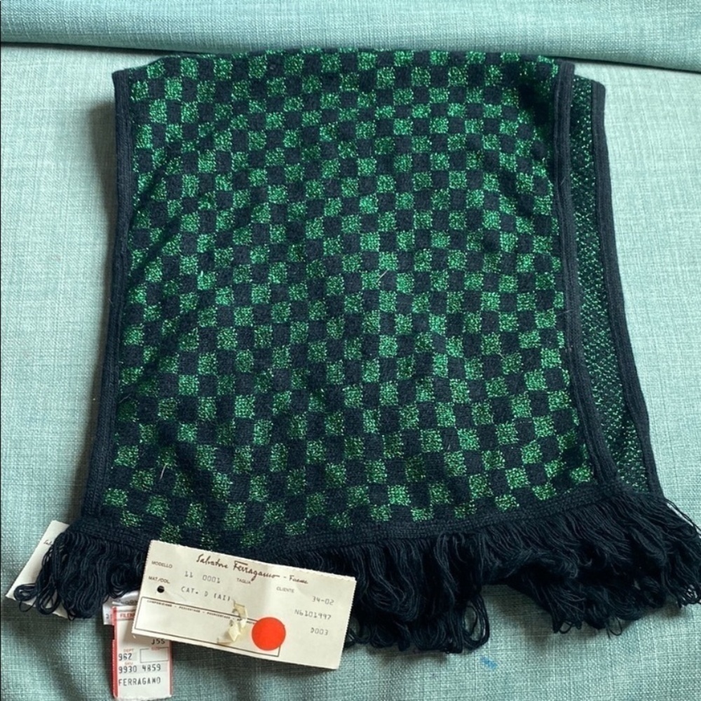 Salvatore Ferragamo Black and Green Textured Scarf